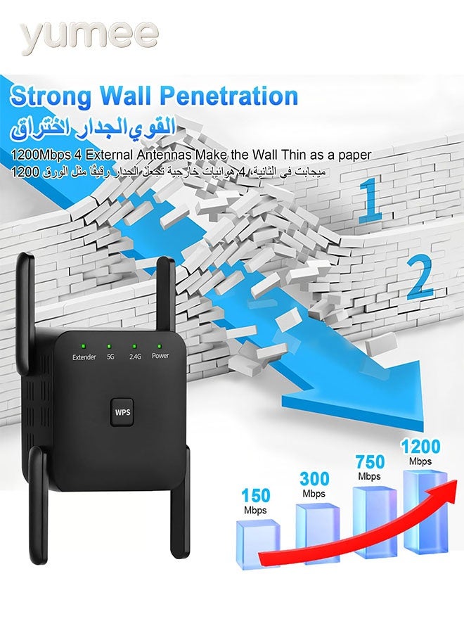 يمي موسع WiFi 1200Mbps مزدوج النطاق مع 4 هوائيات عالية الكسب، مكرر إشارة 5GHz/2.4GHz للمنزل، يغطي مساحة تصل إلى 7000 قدم مربع، إعداد بنقرة واحدة (أسود) - Image 2