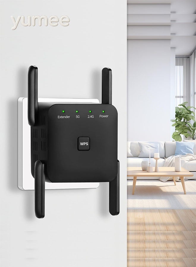 يمي موسع WiFi 1200Mbps مزدوج النطاق مع 4 هوائيات عالية الكسب، مكرر إشارة 5GHz/2.4GHz للمنزل، يغطي مساحة تصل إلى 7000 قدم مربع، إعداد بنقرة واحدة (أسود) - Image 1