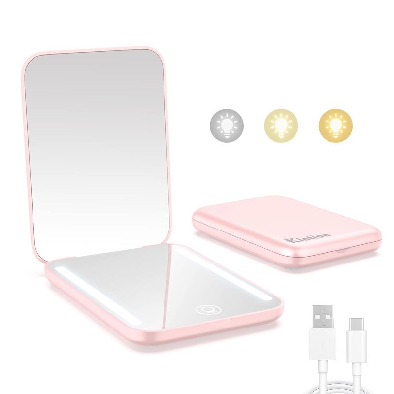 Kintion Kintion Rechargeable Pocket Mirror Double Sided 1X3X Magnification Compact Vanity Mirror 3 Color Lights Dimmable Small Portable Wallet Mirror Lighted Travel Mirror for Women Gifts Pink 