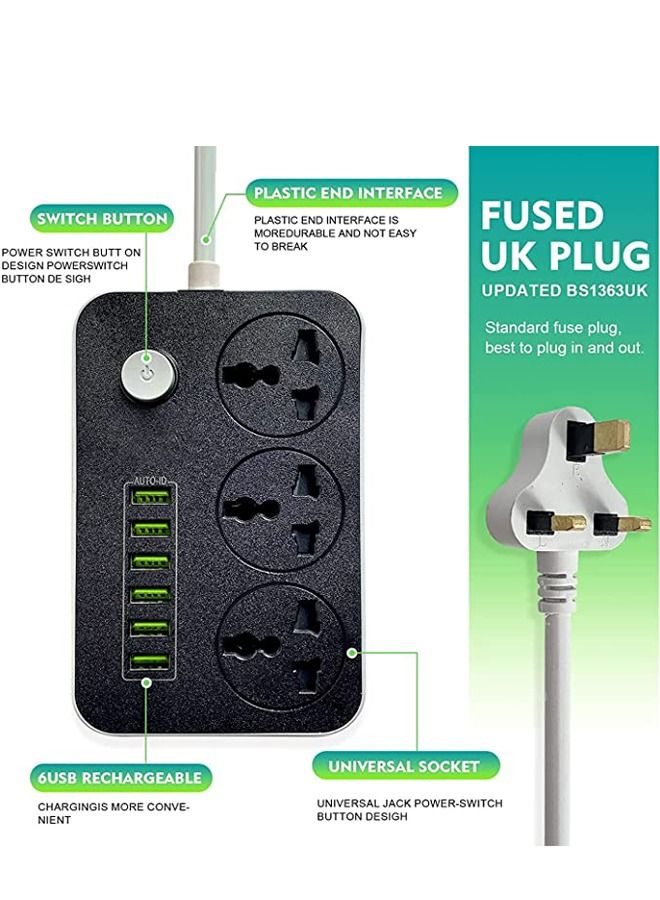 Padom Power Strips Extension Cord 3 Outlets Power Socket with 6 USB Ports Universal Charging Socket with 2M Bold Extension Cord - Image 5