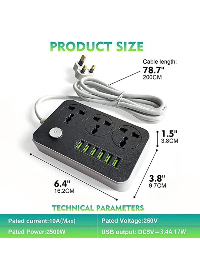 Padom Power Strips Extension Cord 3 Outlets Power Socket with 6 USB Ports Universal Charging Socket with 2M Bold Extension Cord - Image 3