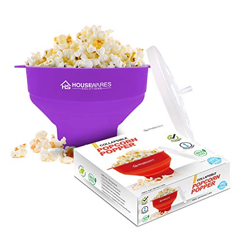 Collapsible Silicone Microwave Hot Air Popcorn Popper Bowl With Lid and Handles Purple