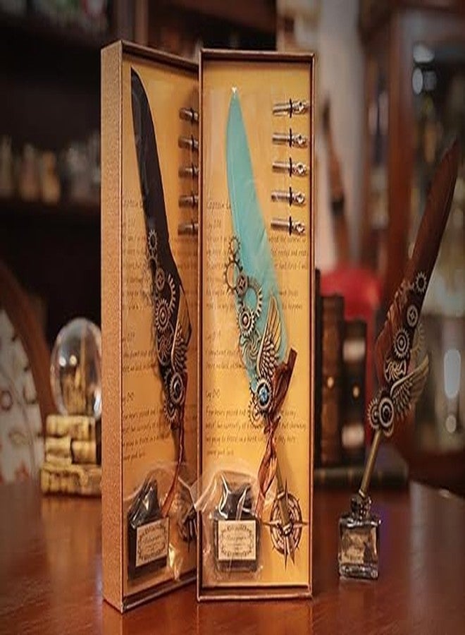 لو شي قلم لوشي ريترو ذو رأس ريشي، طقم أقلام ريشية مغموسة في الماء للكتابة والخط، طقم أقلام هدايا للعودة إلى المدرسة، 6 رؤوس أقلام بديلة، أجنحة ميكانيكية، زخرفة تروس (ألوان متنوعة) - Image 2