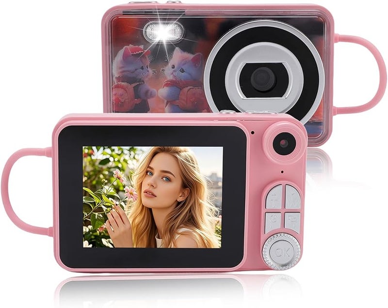 Vbestlife كاميرا رقمية بدقة 4K و48 ميجابكسل مع التركيز التلقائي وكاميرا فلوج بعدستين مزدوجة وتكبير 18X وكاميرا مدمجة نقطية للتصوير للمراهقين والمبتدئين باللون الوردي - Image 2