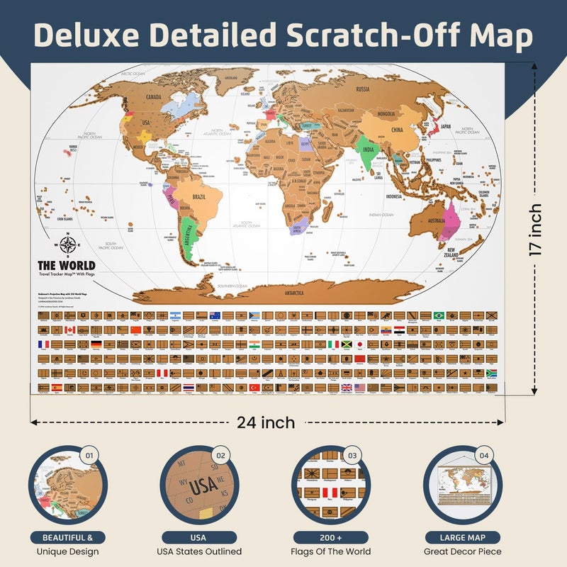 لاند ماس لاندماس - خريطة العالم للخدش - خريطة عالمية متميزة مع أعلام - طباعة متتبع سفر فاخرة - فن حائط - ديكور مكتب المنزل - فكرة هدية للمسافرين - مقاس 17 × 24 بوصة - Image 2