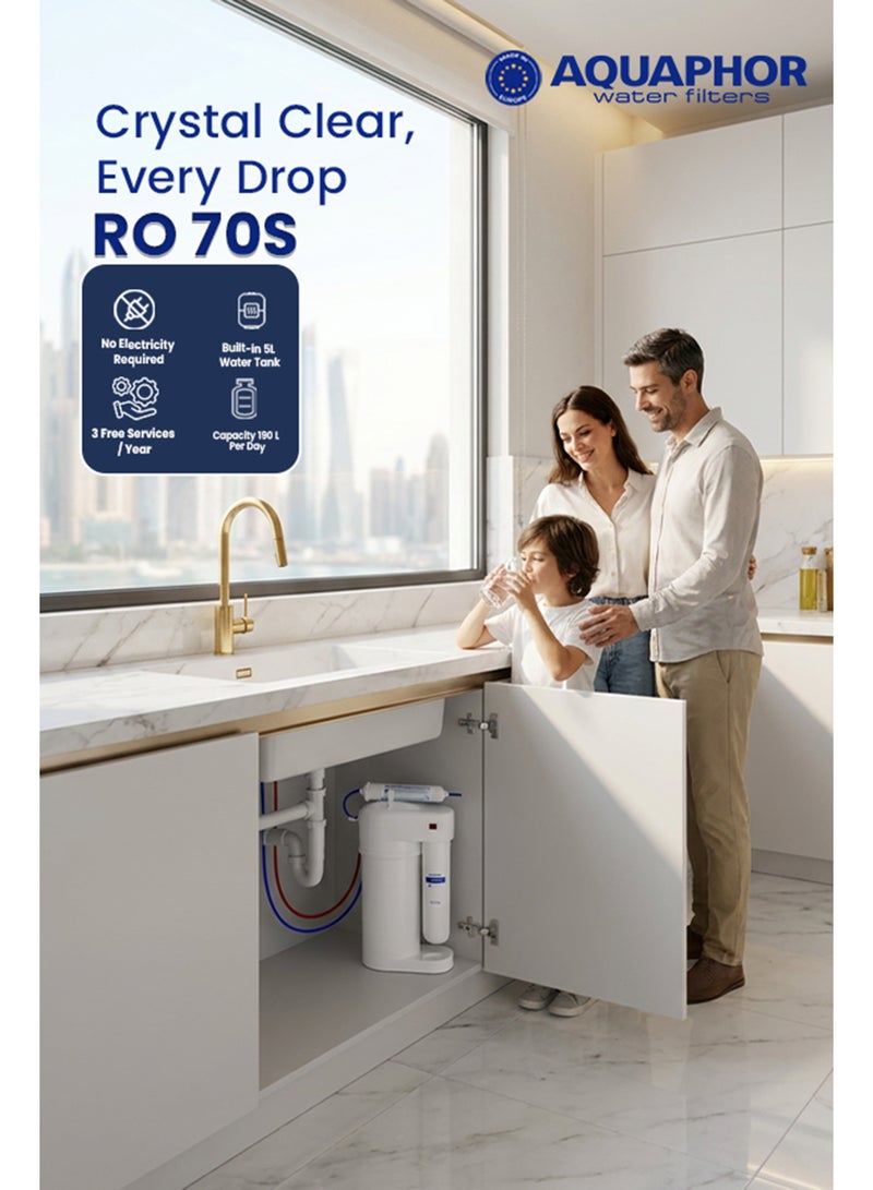 Aquaphor RO-70S Compact Reverse Osmosis Water Filter System, 190L/Day Capacity with 5L Storage Tank, Multi-Stage Filtration Removes Chlorine, Heavy Metals, Bacteria & Viruses, Integrated Mineralization for Balanced Taste, Water Purifier for Home Use - Image 3