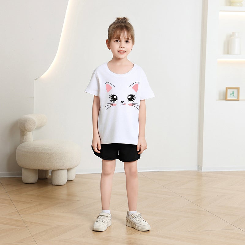 2026 New Girls' Short-Sleeved Children'S T-Shirt With Cute Cat Print, Korean Style Top For Young Children, Summer Fashion Trend - Image 5