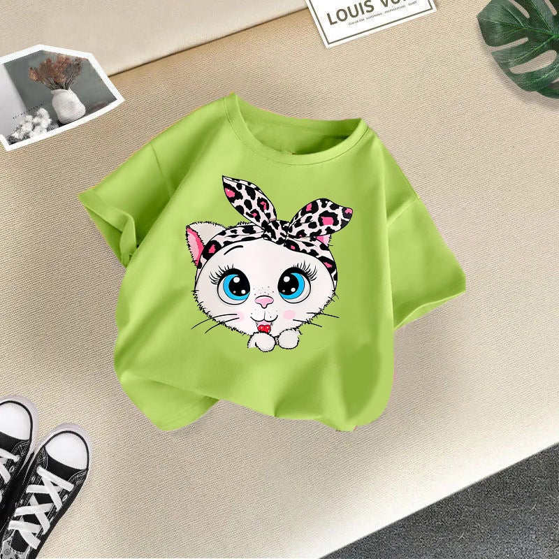 2026 New Girls' Short-Sleeved Children'S T-Shirt With Cute Cat Print, Korean Style Top For Young Children, Summer Fashion Trend - Image 1