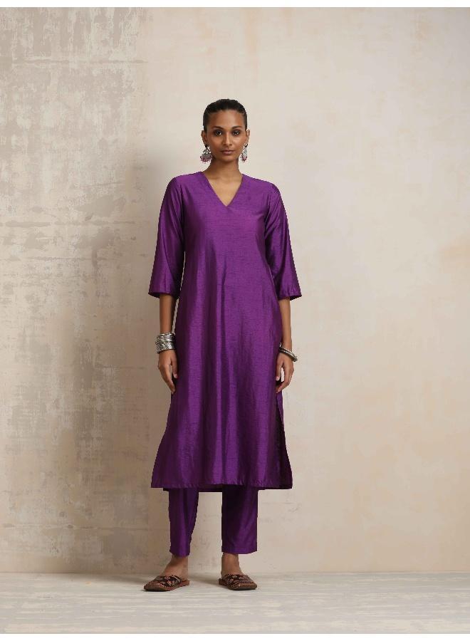 trueBrowns Purple Silk High Slit Kurta Set - Image 3