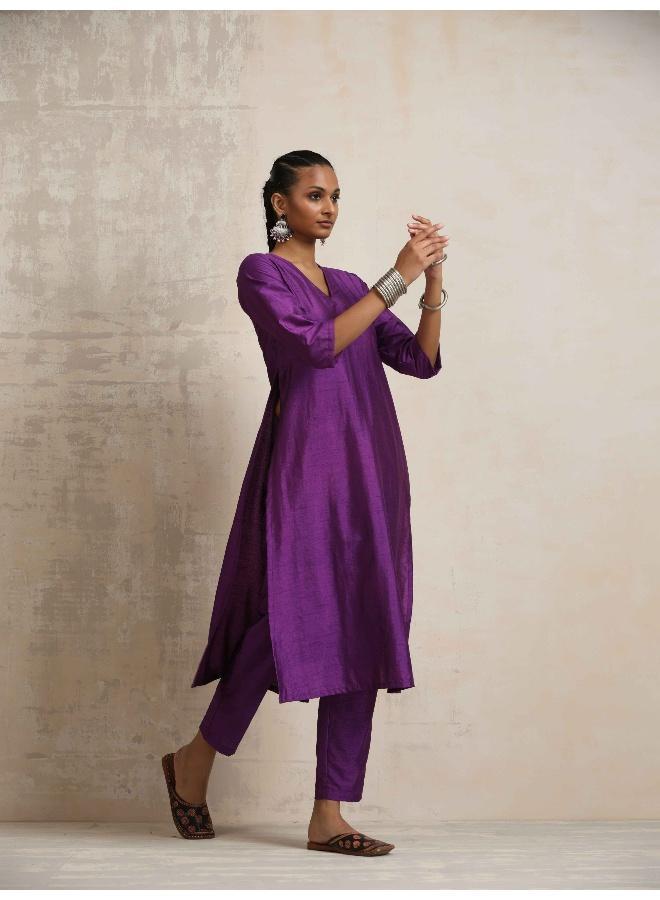 trueBrowns Purple Silk High Slit Kurta Set - Image 5