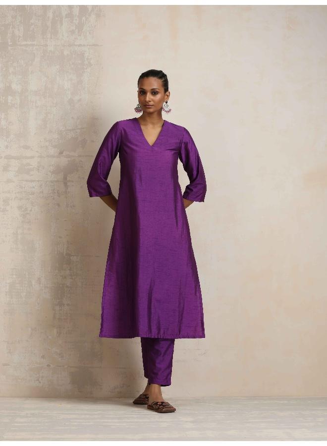 trueBrowns Purple Silk High Slit Kurta Set - Image 2