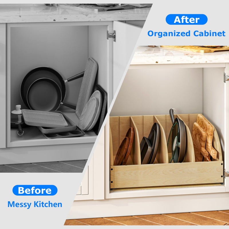 WelFurGeer Birchwood Pot and Pan Organizer with Soft-Close Drawer, Pull Out Cabinet Organizer, Heavy-Duty Slide-Out Storage for Baking Sheets, Cutting Boards, and Kitchen Utensils - Image 3