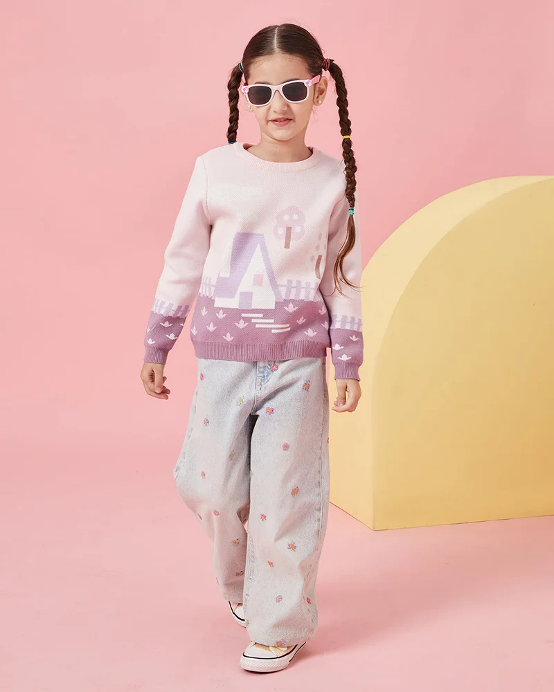 REDTAG Girls Pink Scenic Jacquard Pullover