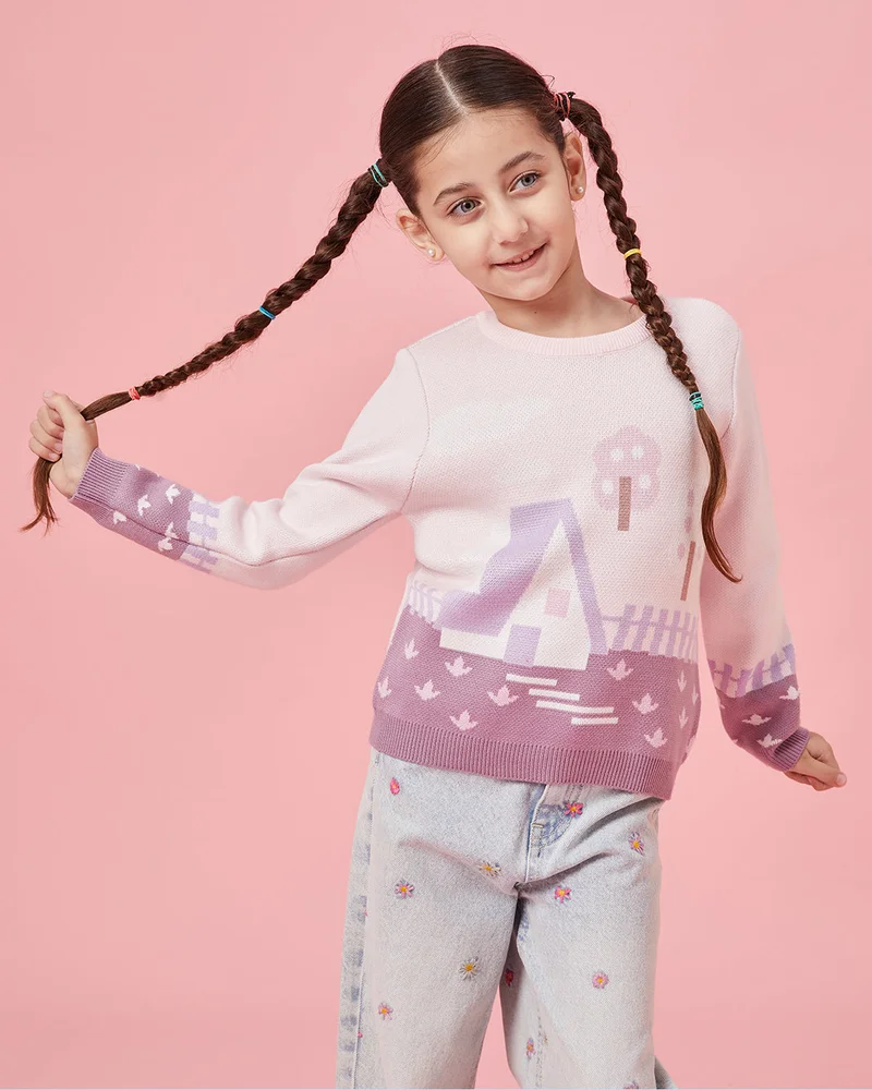 REDTAG Girls Pink Scenic Jacquard Pullover