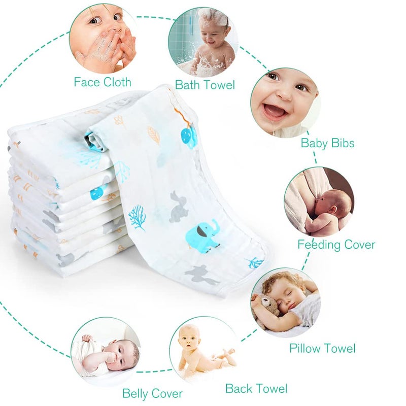 Yoofoss Muslin Burp Cloths for Baby 10 Pack 100% Organic Cotton Baby Washcloths for Boys Girls Large 20''X10'' Super Soft and Absorbent Elephant - Image 5