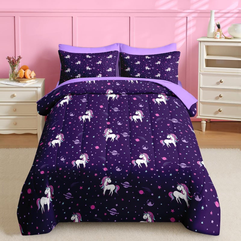 Nesker 5 Pcs Comforter Set Twin Size, Purple Rainbow Bedding for Kids Teen, Cute Unicorn Bed Sheet with Pillowcase & Sham - Image 1