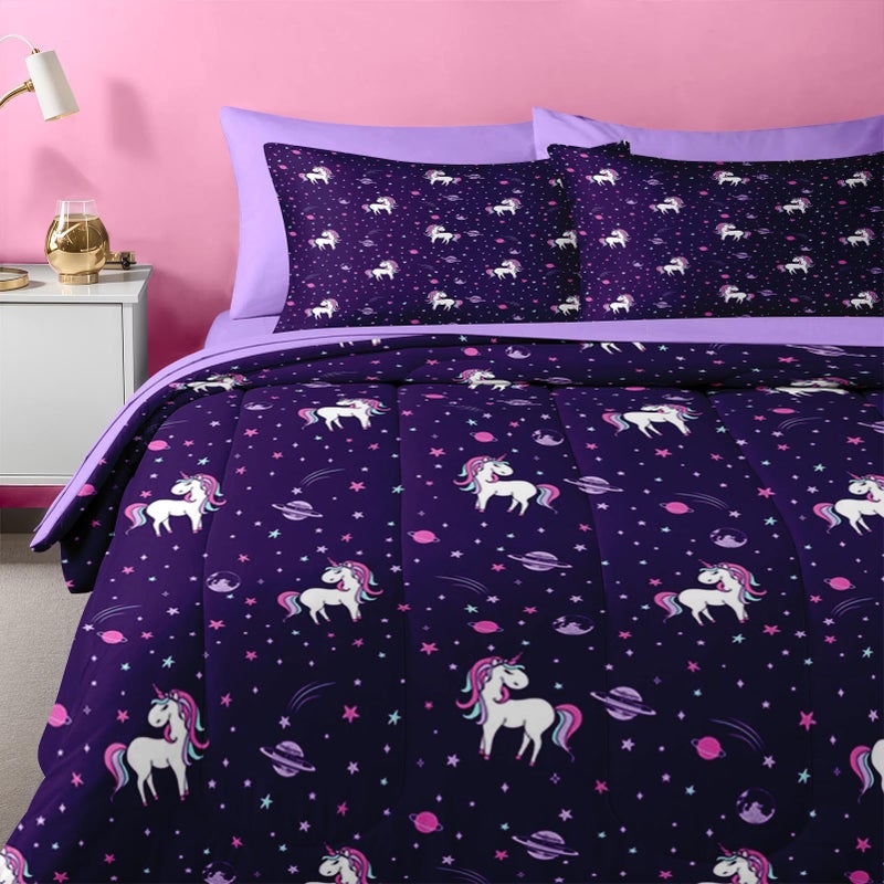 Nesker 5 Pcs Comforter Set Twin Size, Purple Rainbow Bedding for Kids Teen, Cute Unicorn Bed Sheet with Pillowcase & Sham - Image 5