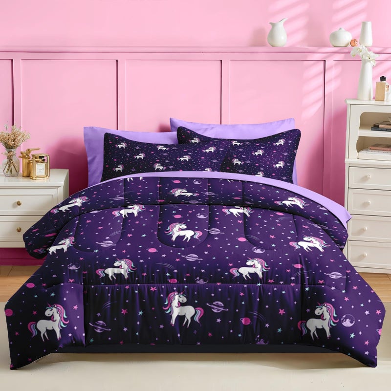 Nesker 5 Pcs Comforter Set Twin Size, Purple Rainbow Bedding for Kids Teen, Cute Unicorn Bed Sheet with Pillowcase & Sham - Image 2