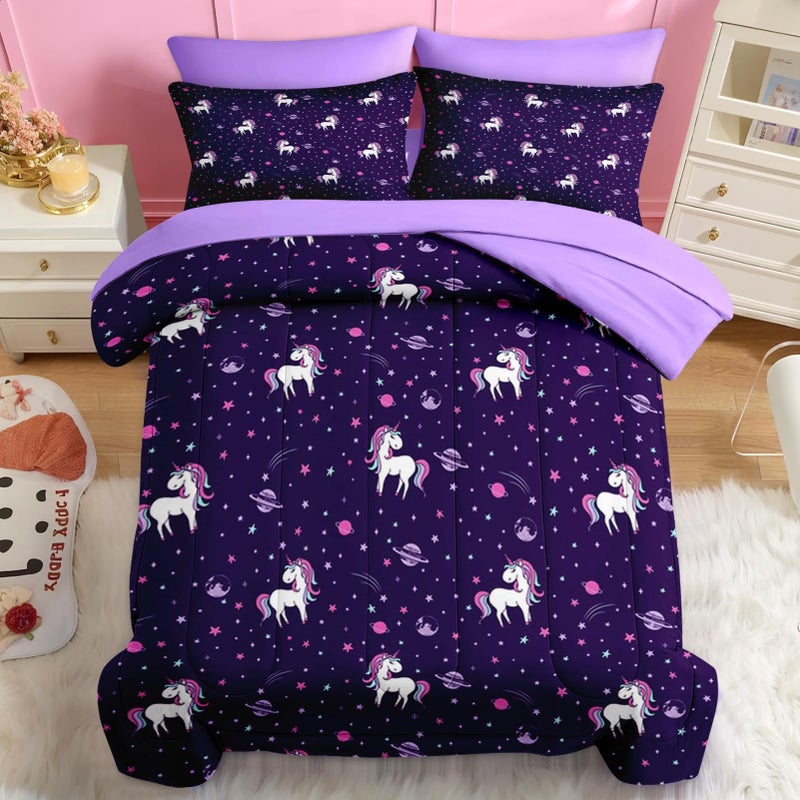 Nesker 5 Pcs Comforter Set Twin Size, Purple Rainbow Bedding for Kids Teen, Cute Unicorn Bed Sheet with Pillowcase & Sham - Image 3