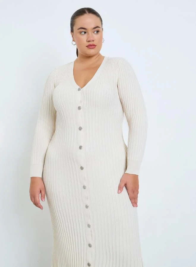 Styli Plus Size Knitted Buttoned Midi Dress