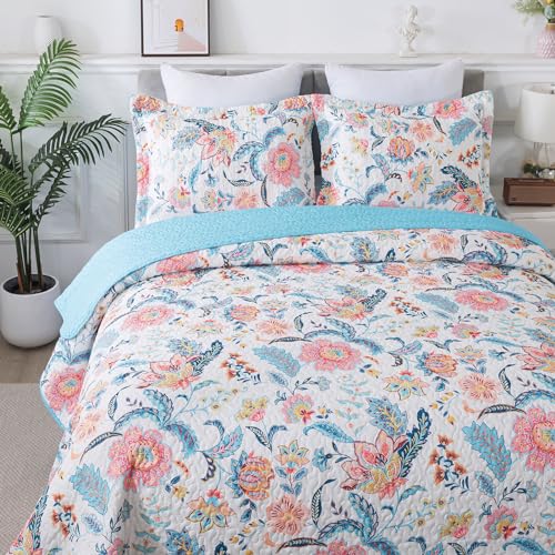 BEDIFANY Garden Cotton Filling Queen Size Quilt Set - Lightweight Bedspreads Queen Size (90 x 98 inch) with Colorful Floral Pattern - Farmhouse Queen Quilt Bedding Sets for Bed Coverlet, 3 Pieces - Image 2