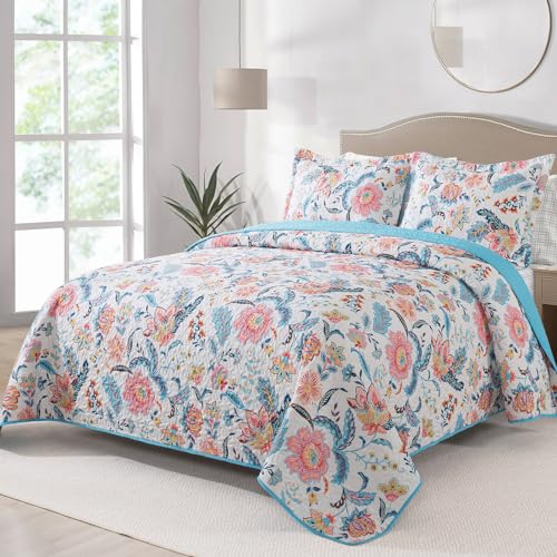 BEDIFANY Garden Cotton Filling Queen Size Quilt Set - Lightweight Bedspreads Queen Size (90 x 98 inch) with Colorful Floral Pattern - Farmhouse Queen Quilt Bedding Sets for Bed Coverlet, 3 Pieces - Image 1