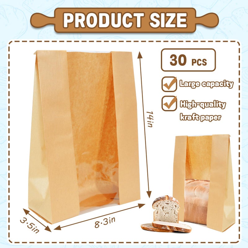 Newbested 30 Pack Kraft Paper Bread Loaf Bag with Clear Front Window,Brown Bakery Cookie Food Coffee Storage Packaging Treat Bag (14" x 8.3" x 3.5") - Image 2