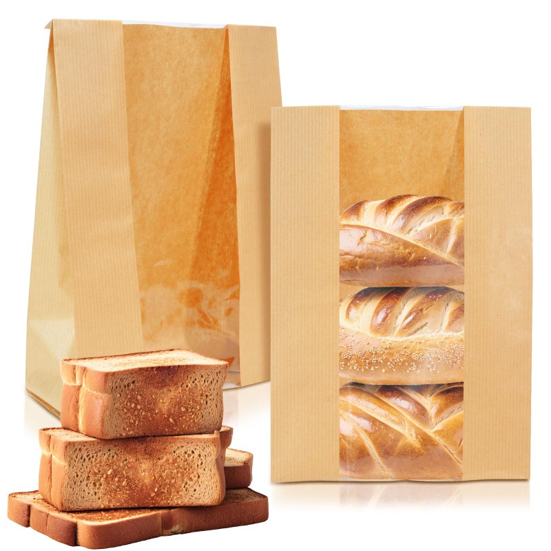 Newbested 30 Pack Kraft Paper Bread Loaf Bag with Clear Front Window,Brown Bakery Cookie Food Coffee Storage Packaging Treat Bag (14" x 8.3" x 3.5") - Image 1