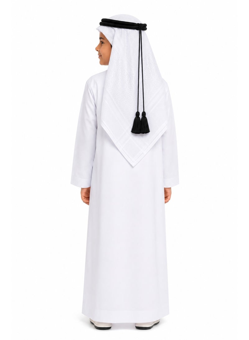 RAHMA COLLECTIONS Kids Traditional Arabic Headscarf Set | Gutra/Shemagh with Black Agal Ring & Undercap, Authentic Emirati/Saudi Style, Classic Arabic Modest Accessory, Emirati & Saudi Inspired cultural Headwear Perfect for Boys - Image 3