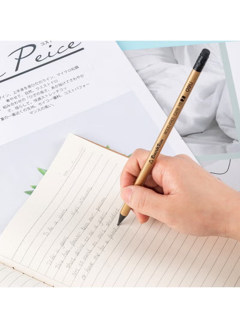Deli EC018-HB ENOVATION HB PS Hexagonal Barrel Pre-sharpened Wood-free Graphite Pencil, Ï†2.2mm, Eraser Head, Gold/Silver Asst., 12PCS - Image 4