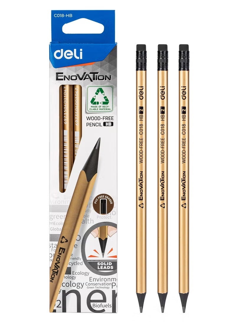 Deli EC018-HB ENOVATION HB PS Hexagonal Barrel Pre-sharpened Wood-free Graphite Pencil, Ï†2.2mm, Eraser Head, Gold/Silver Asst., 12PCS - Image 2