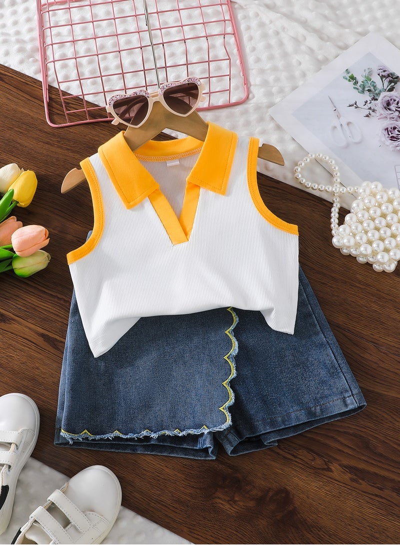 4Y Toddler Girls 2 Pcs Set, Yellow-Trim Polo-Collar Sleeveless Crop Top with White & Sunshine Yellow Contrast, Denim Scallop-Edge Skort Set, Casual Summer Outfit for Birthday, Picnic, Travel, Park Playdates  - Image 1