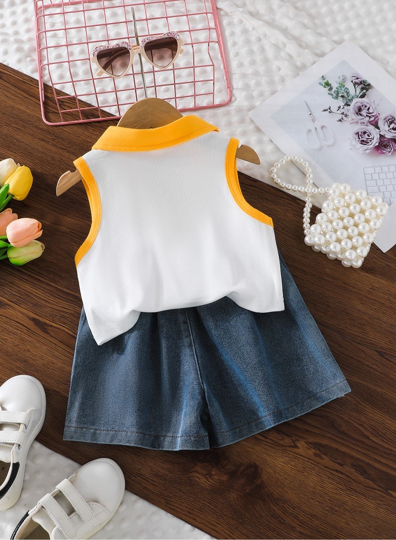 4Y Toddler Girls 2 Pcs Set, Yellow-Trim Polo-Collar Sleeveless Crop Top with White & Sunshine Yellow Contrast, Denim Scallop-Edge Skort Set, Casual Summer Outfit for Birthday, Picnic, Travel, Park Playdates  - Image 3