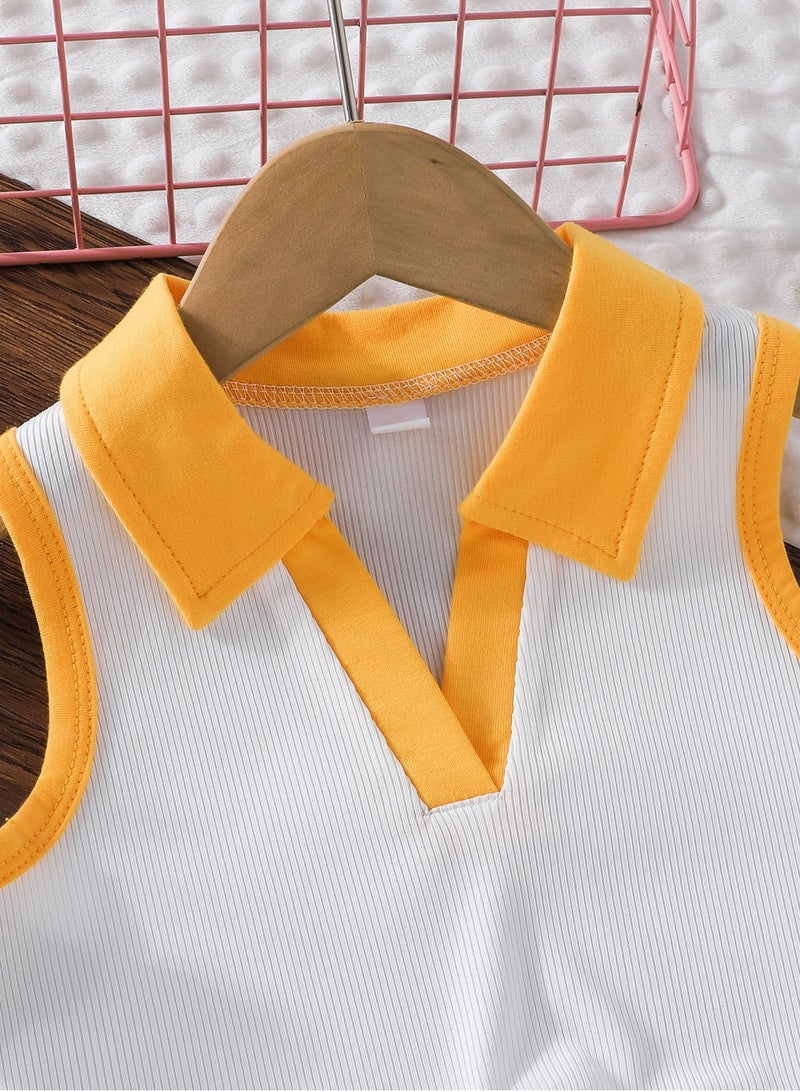 4Y Toddler Girls 2 Pcs Set, Yellow-Trim Polo-Collar Sleeveless Crop Top with White & Sunshine Yellow Contrast, Denim Scallop-Edge Skort Set, Casual Summer Outfit for Birthday, Picnic, Travel, Park Playdates  - Image 4