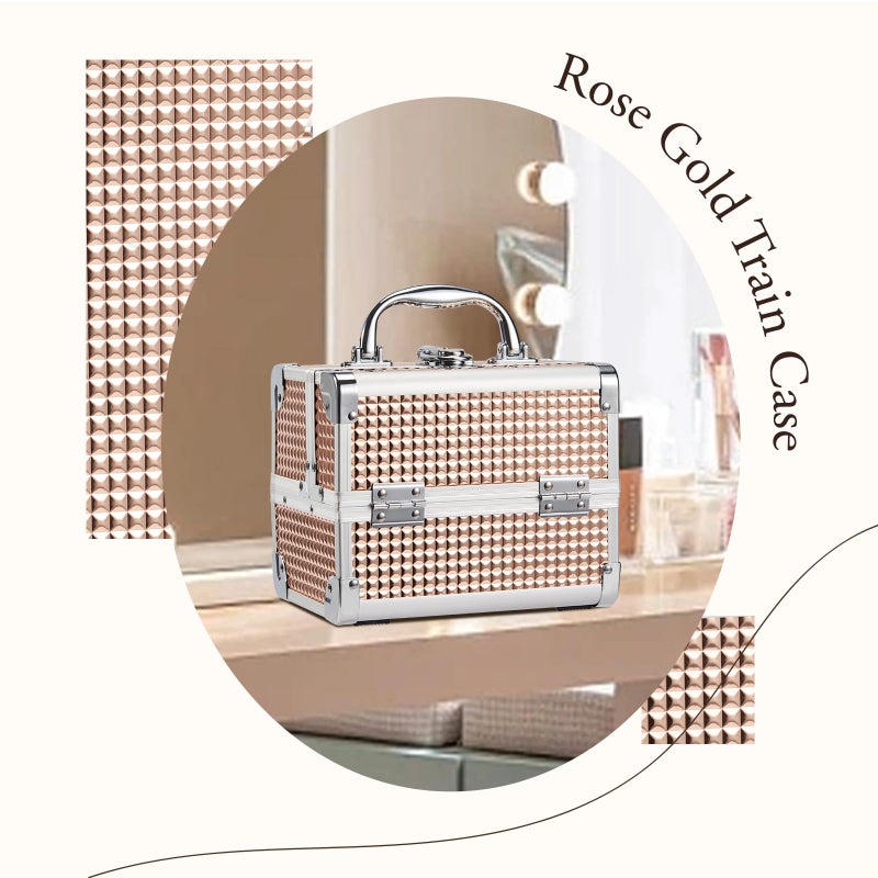 Joligrace صندوق مكياج جوليغرايس للفتيات مع مرآة، حقيبة تجميل، منظم مجوهرات، خفيف الوزن، قابل للقفل مع مفاتيح، الحجم: 19.5x15x16 سم (ذهب وردي) - Image 2