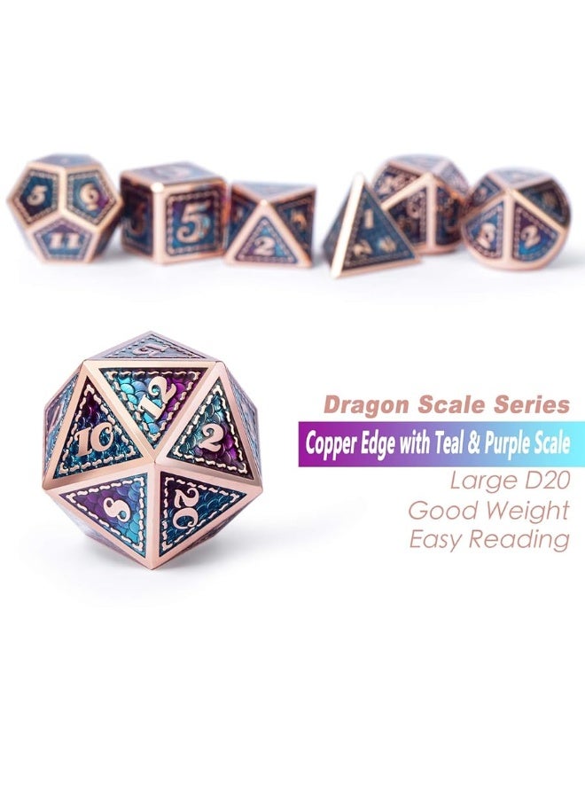 DNDND Metal DD Dice Set7 Pieces Dragon Scale Metallic DD Die with Gift Metal Case for Dungeons  Dragon Game Teal and Purple with Copper Edge - Image 1