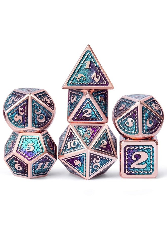 DNDND Metal DD Dice Set7 Pieces Dragon Scale Metallic DD Die with Gift Metal Case for Dungeons  Dragon Game Teal and Purple with Copper Edge - Image 2