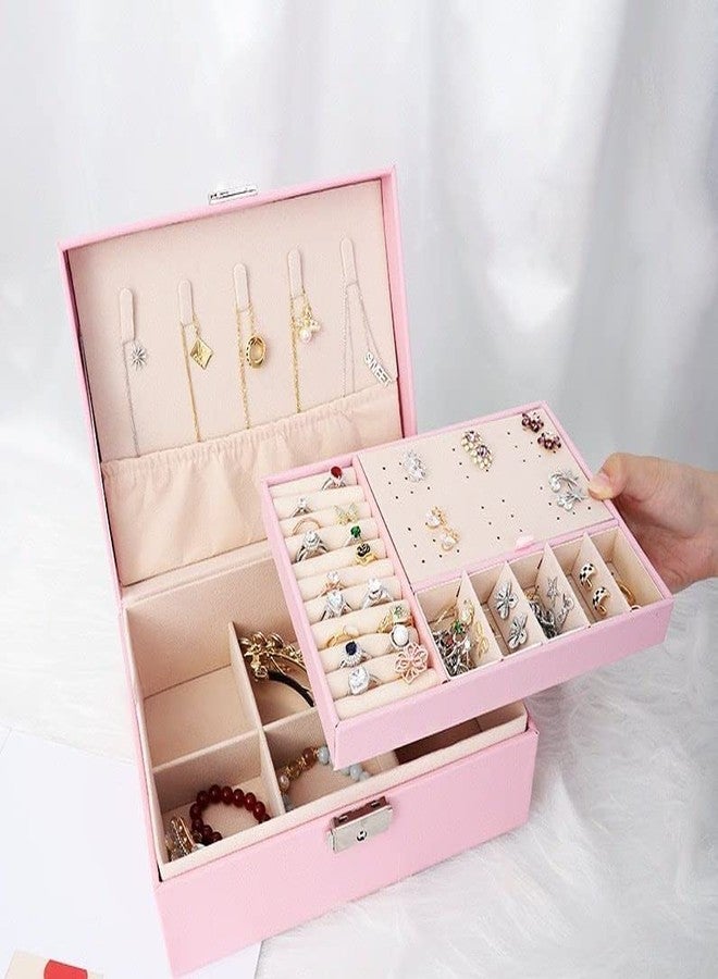 HEYOL 2 Layer Jewellery Box Organiser, Jewelry Boxes Display Storage Case with Lock, Large Jewelry Storage Case with Removal Tray for Rings Earrings Bracelets Necklaces, Jewellery Box (Pink) - Image 2