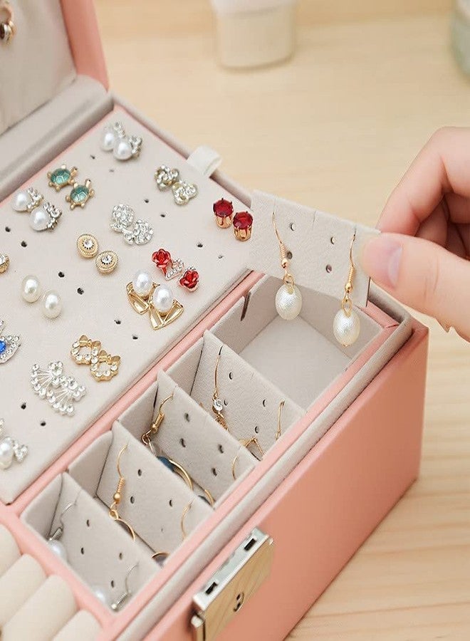 HEYOL 2 Layer Jewellery Box Organiser, Jewelry Boxes Display Storage Case with Lock, Large Jewelry Storage Case with Removal Tray for Rings Earrings Bracelets Necklaces, Jewellery Box (Pink) - Image 4