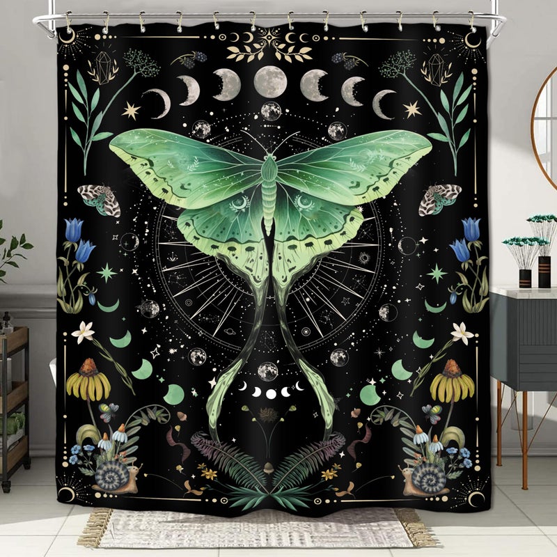 Miyotaa Moth Witchy Gothic Shower Curtain Set 60Wx71H Inches Moon Phase Teal Wildflower Plant Mysterious Night Moonlit Butterfly Botanical Polyester Bathroom Curtain with 12 Hooks - Image 3