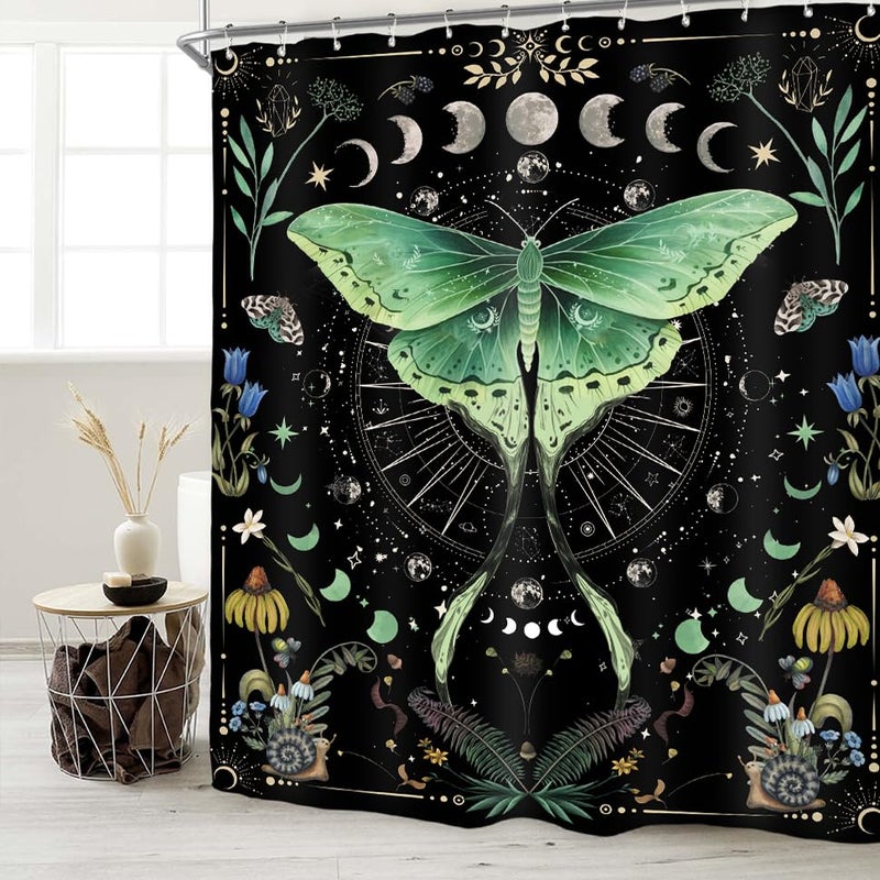 Miyotaa Moth Witchy Gothic Shower Curtain Set 60Wx71H Inches Moon Phase Teal Wildflower Plant Mysterious Night Moonlit Butterfly Botanical Polyester Bathroom Curtain with 12 Hooks - Image 1