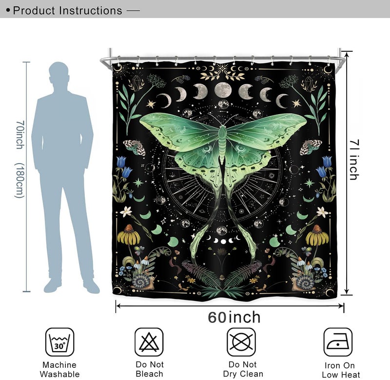 Miyotaa Moth Witchy Gothic Shower Curtain Set 60Wx71H Inches Moon Phase Teal Wildflower Plant Mysterious Night Moonlit Butterfly Botanical Polyester Bathroom Curtain with 12 Hooks - Image 2