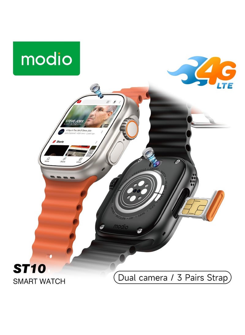 Modio ST10 Smart Watch WATERPROOF With SIM Wi-Fi Dual Camera 2.2 Inch Display 4GB RAM 64GB Memory 3 Pairs of Straps (Gold) - Image 1
