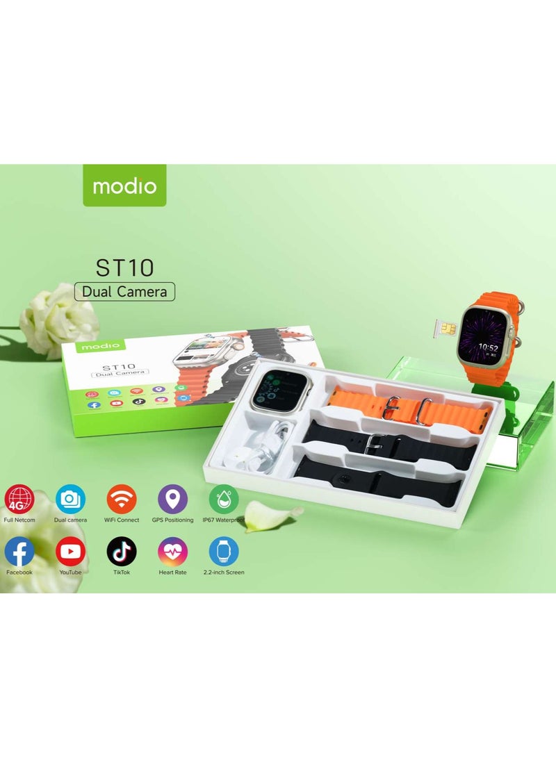 Modio ST10 Smart Watch WATERPROOF With SIM Wi-Fi Dual Camera 2.2 Inch Display 4GB RAM 64GB Memory 3 Pairs of Straps (Gold) - Image 3