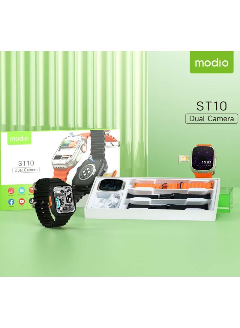 Modio ST10 Smart Watch WATERPROOF With SIM Wi-Fi Dual Camera 2.2 Inch Display 4GB RAM 64GB Memory 3 Pairs of Straps (Gold) - Image 2