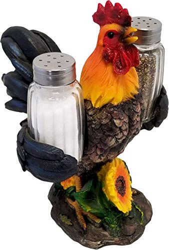 DWK 8inch Spice to Crow About Country Rooster Salt and Pepper Shaker Figurine Display Holder Kitchen and Dining 3Piece Set