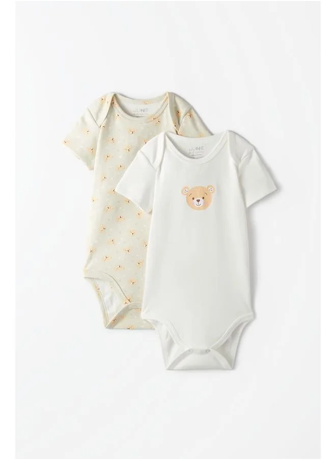 جون June Baby Envelope Neck 2-Pack Short Sleeve Teddy Bear Printed Bodysuit Light Green - Ecru