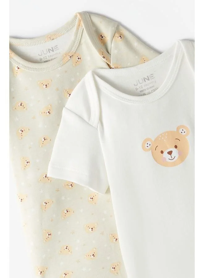 JUNE June Baby Envelope Neck 2-Pack Short Sleeve Teddy Bear Printed Bodysuit Light Green - Ecru