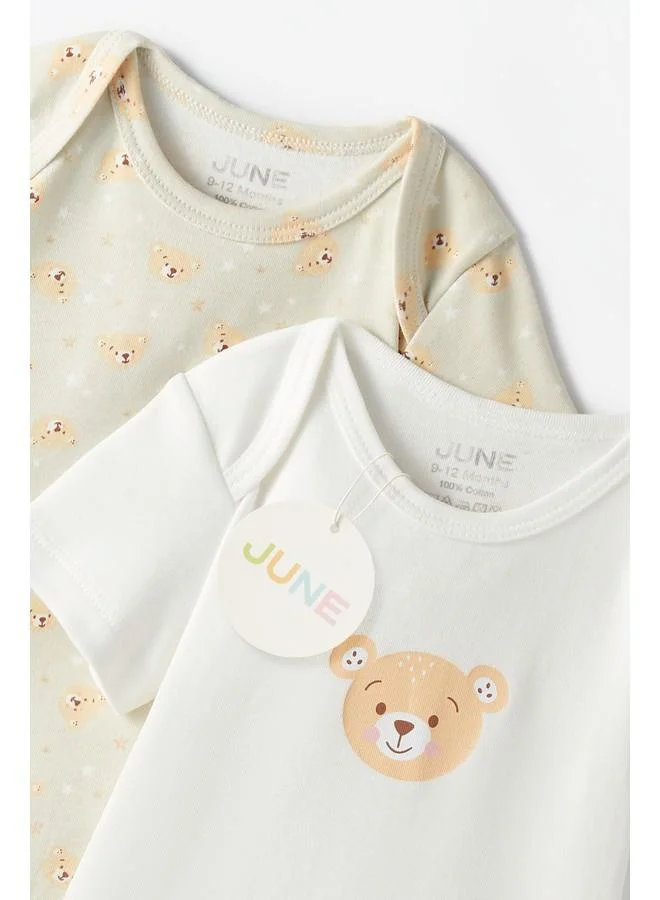 JUNE June Baby Envelope Neck 2-Pack Short Sleeve Teddy Bear Printed Bodysuit Light Green - Ecru
