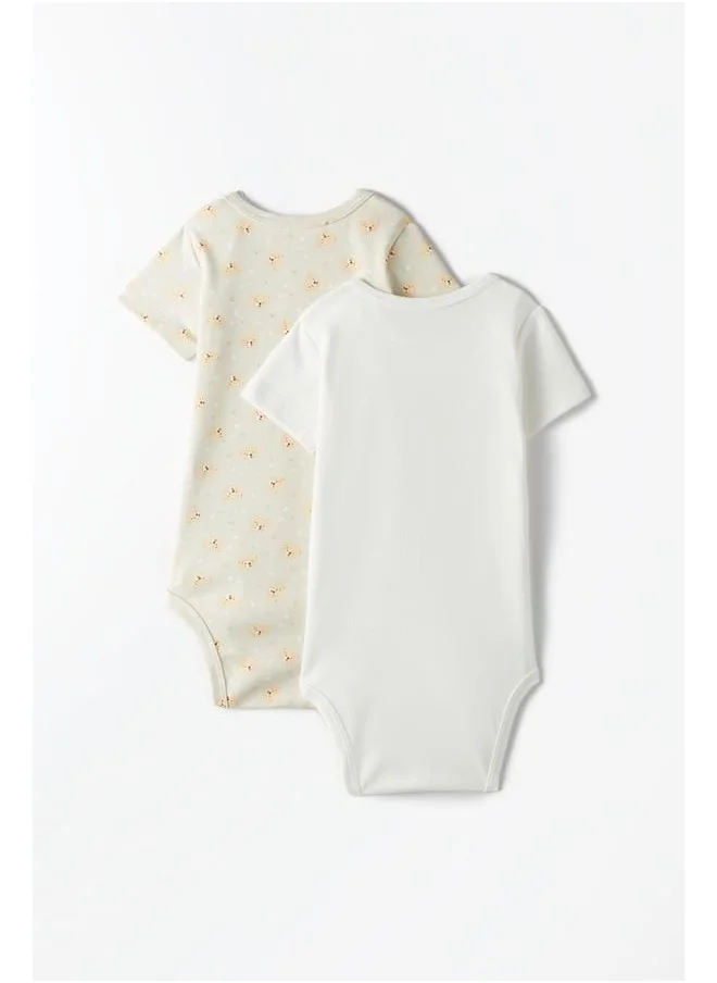 JUNE June Baby Envelope Neck 2-Pack Short Sleeve Teddy Bear Printed Bodysuit Light Green - Ecru